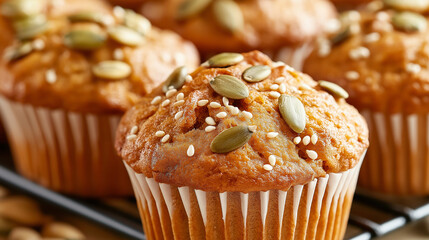 Freshly baked pumpkin muffins cooling on rack