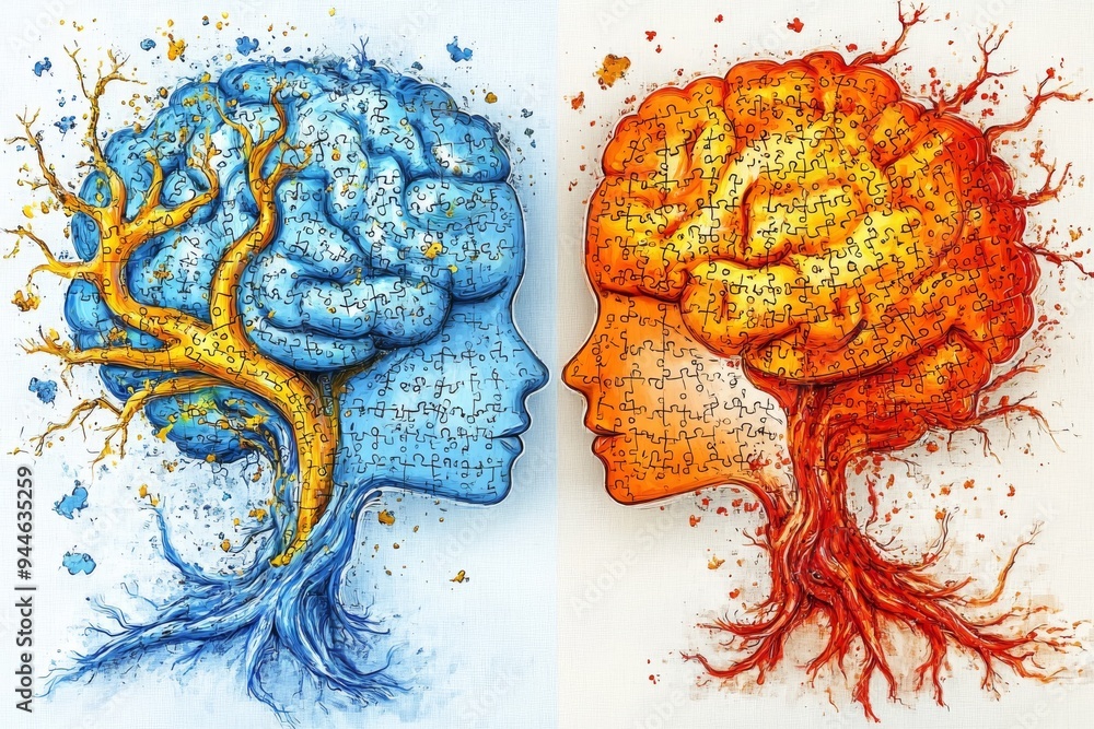 Surreal illustration of two tree like brains one blue and one red ...