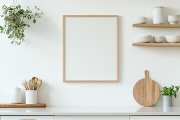 A simple vertical frame sits on a kitchen wall in a Paris apartment, featuring a blank white poster. The kitchen is styled with natural elements and minimal decor