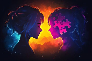 Wall Mural - Digital painting of two profiles with glowing puzzle piece brains symbolizing the intellectual connection thought integration and identity merging in a meaningful relationship