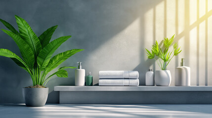 Wall Mural - Sunlight illuminating a modern bathroom shelf with towels and plants