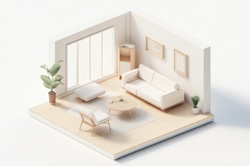 This open living room embodies Muji style with its minimalist furniture, abundant natural light, and tranquil ambiance, creating a perfect space for relaxation and comfort. Isometric style room