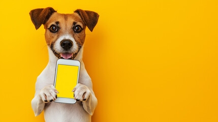 Jack russell terrier dog holding smartphone with blank screen