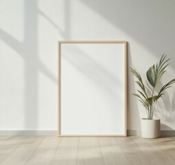 A slim golden picture frame stands against the wall, surrounded by wooden flooring and soft natural light, creating a serene and minimalistic atmosphere. Mockup