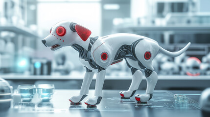 Poster - White robot dog standing on metal table in laboratory setting