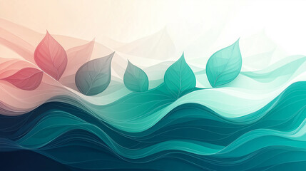 Abstract nature background with leaves flowing on a wavy surface