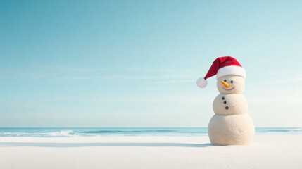 A festive snowman wearing a Santa hat stands on a serene beach with tranquil waters and pastel skies during wintertime