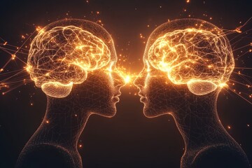 Sticker - Abstract Art Depicting Two Minds Connected by Glowing Neural Pathways Symbolizing Communication Telepathy and Intellectual Exchange in a Futuristic Setting