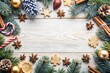 © Dinara - A festive arrangement of holiday decorations featuring pine branches, spices, and sweet treats on a rustic wooden surface during the winter season. Generative AI