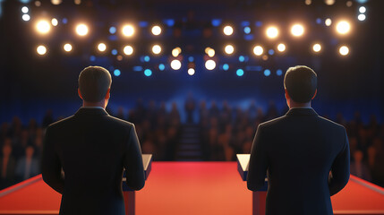 Two politicians debating on stage during political meeting