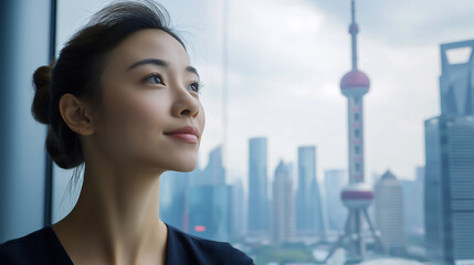 Young businesswoman looking at the oriental pearl tower from office window