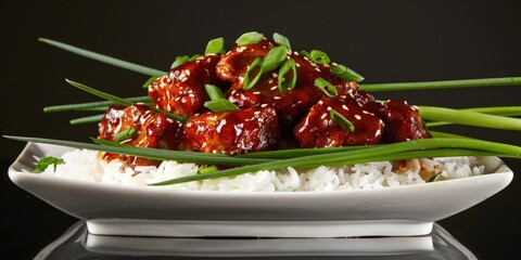 Poster - Glazed pork served with white rice on ceramic dishware, featuring a reflective dark backdrop and topped with fresh green onions.