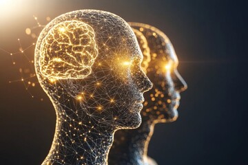 Wall Mural - Human Figures with Glowing Brains Facing Each Other Symbolizing Neural Connectivity Intellectual Exchange and the Power of Thought in a Dynamic Artistic Representation