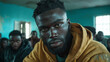 © Andres Mejia - Young black man sitting with serious expression in busy classroom