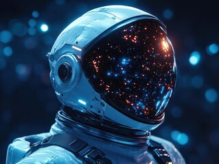 sleek astronaut figure in futuristic spacesuit side profile view helmet reflects cosmic scene dramat