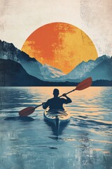 Vintage poster design vector illustration of a man kayaking in water