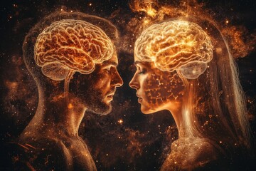 Wall Mural - Two Human Figures with Glowing Brains Facing Each Other Representing Neural Synchronization Intellectual Bonding and the Power of Thought in a Dynamic Digital Art Style