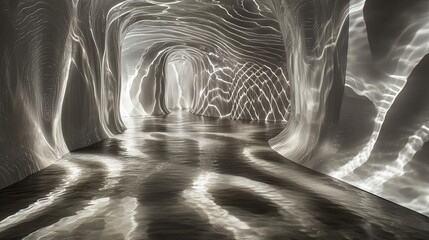 Wall Mural - Abstract Light Patterns on Water in a Curved Hallway