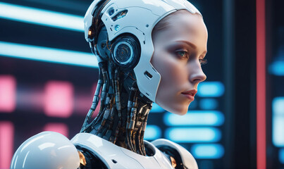 A female android stands in a futuristic setting with a thoughtful expression