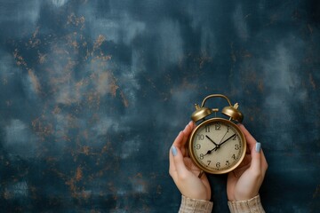 Female hands holding vintage alarm clock on grunge background, top view