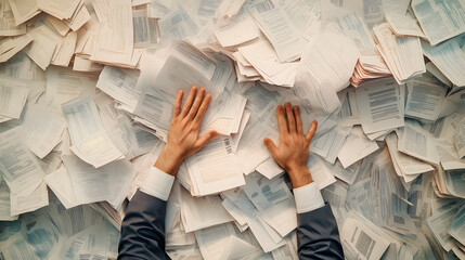 Overwhelmed businessman buried in paperwork, symbolizing stress and workload