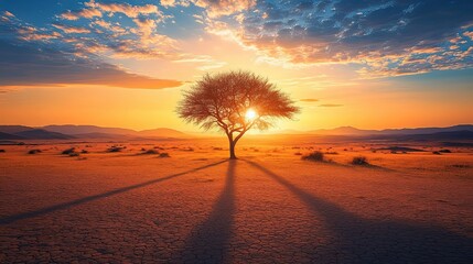 Wall Mural - Solitary Tree Silhouetted Against a Vibrant Desert Sunset