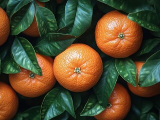 Wall Mural - vibrant closeup of fresh mandarin oranges with glossy peels and green leaves warm lighting enhances the fruits natural glow arrangement suggests abundance and freshness