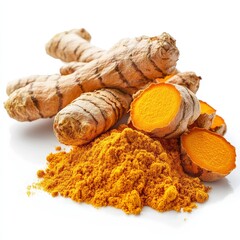 Close up of Turmeric or Curcuma longa with powder isolated on white background