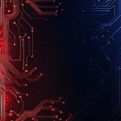 A futuristic digital circuit background with vivid red and blue lights highlighting complex patterns, perfect for technology themes.