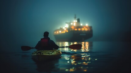 A person kayaking in tropical sea water with cargo ship