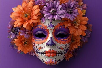 3D model of dia de los muertos festive mask with dahlias, roses and orange marigolds on a vibrant bold purple background