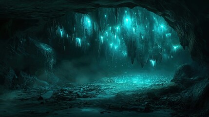 Canvas Print - A Mysterious Underground Cave with Glowing Formations and a Pool of Water