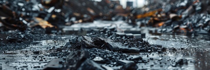 Close-up of black bitumen pieces combined with debris at an industrial site during demolition and recycling.