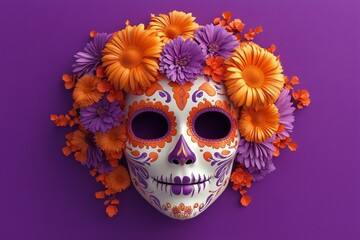 3D model of dia de los muertos festive mask with dahlias, roses and orange marigolds on a vibrant bold purple background