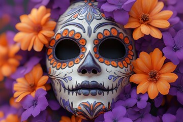 3D model of dia de los muertos festive mask with dahlias, roses and orange marigolds on a vibrant bold purple background