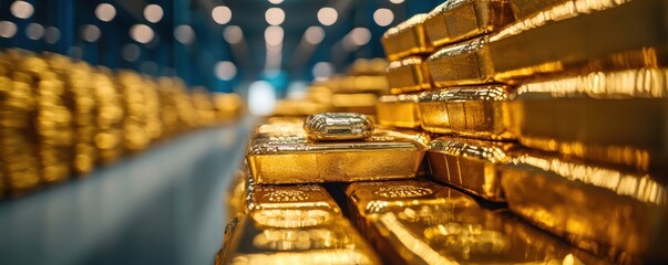 A close-up of gleaming gold bars stacked in a secure vault, showcasing the luxury and wealth associated with precious metals.