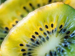 Kiwi fruit sliced open, with vibrant green and black seeds, Fresh, Bright, Detailed