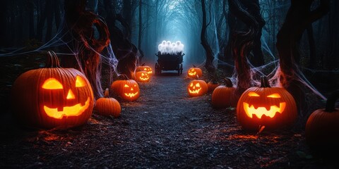 Spooky Halloween Pumpkin Path in Dark Forest with Glowing Jack-o'-Lanterns and Mystical Blue Light - Perfect for Seasonal Celebration