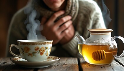 A person holding their throat with a pained look, a cup of tea with honey on the table, steam rising soothingly.