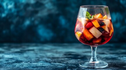 Closeup of a refreshing glass of sangria a popular Spanish wine based punch filled with a variety of vibrant sliced fruits like oranges lemons limes and berries