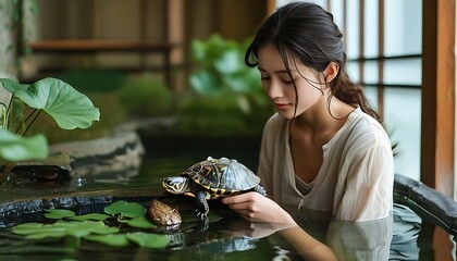 A woman carefully placing a turtle into a small indoor pond or water feature, focusing on the special care and attention required for aquatic pets.