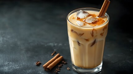 iced chai tea latte with cinnamon stick served in glass comforting and aromatic autumn or winter bev