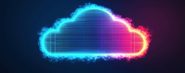 Vibrant neon cloud icon symbolizing cloud computing and digital storage technology against a dark background.