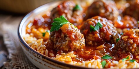 Wall Mural - Savory tomato sauce simmered porcupine meatballs made with ground beef and rice.