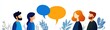 © CHONCHANOK PHOTO - Group of diverse people engaging in conversation with speech bubbles, showcasing communication and collaboration.