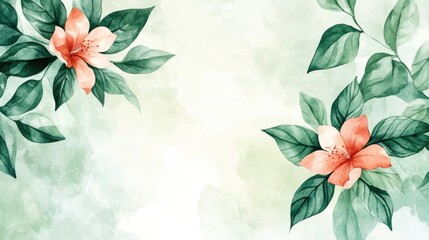 Sticker - Watercolor illustration of leaves and a flower on a light background