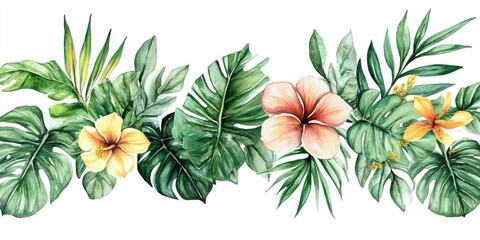 Watercolor illustration of tropical leaves and flowers in green isolated on a white background Suitable for wedding invitations greeting cards and postcards