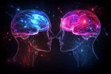 Canvas Print - Digital art of two human profiles with brains made of puzzle pieces symbolizing the complexity of human relationships mental connection and the challenges of understanding each other