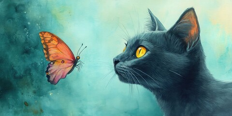 Poster - Watercolor illustration of a wild gray cat featuring vibrant yellow eyes accompanied by a colorful butterfly against a soft cyan backdrop