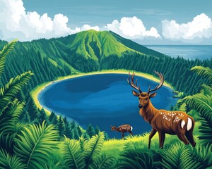 Wall Mural - Serene Volcanic Crater Lake with Majestic Deer and Lush Greenery Under a Clear Blue Sky in a Tropical Paradise Island